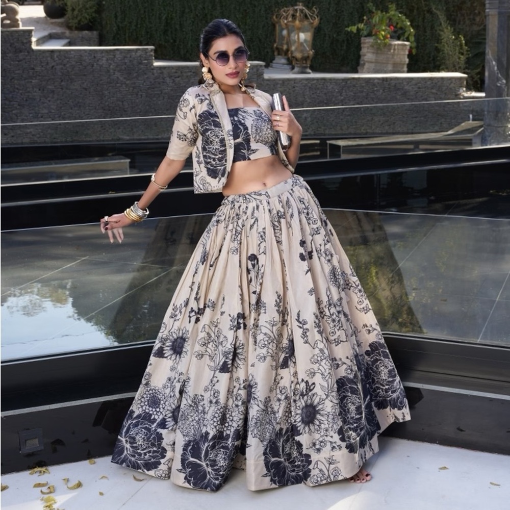 Cream and Blsck Floral Lehenga with jacket